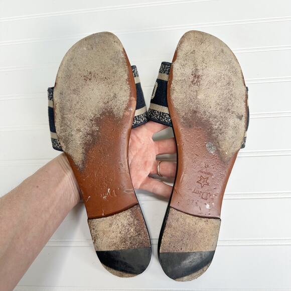 Christian Dior Dway Slides Black Navy Embroidered Logo Sandals 41 Slip-On Flats - Picture 5 of 7
